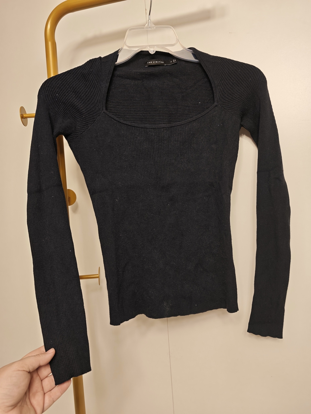 The Limited Black Ribbed Square Neck Long Sleeve Top PRCN0393 M